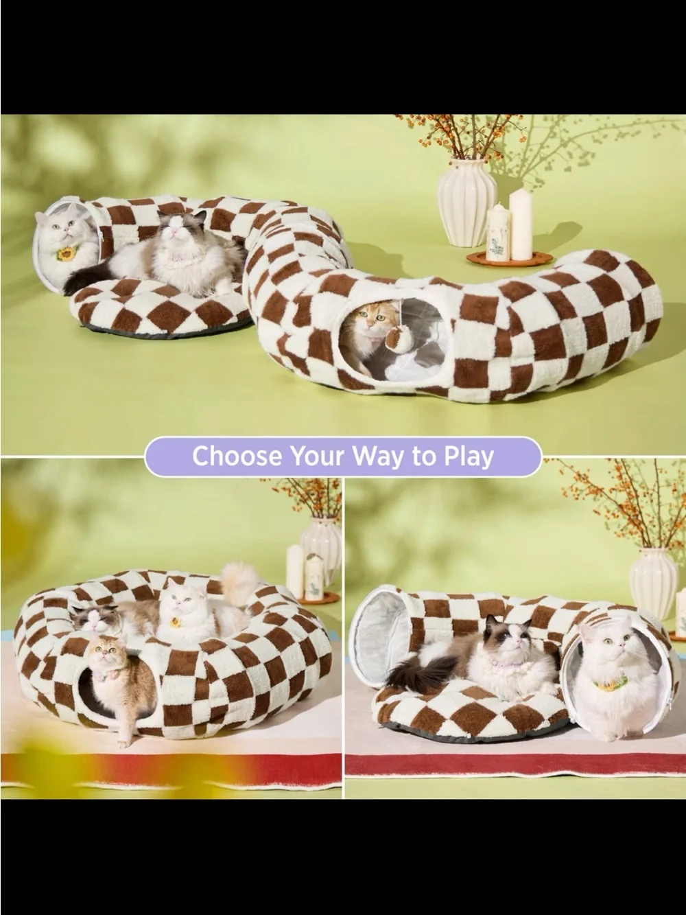 BROWN COZY CHECKERED PLUSH CAT TUNNEL